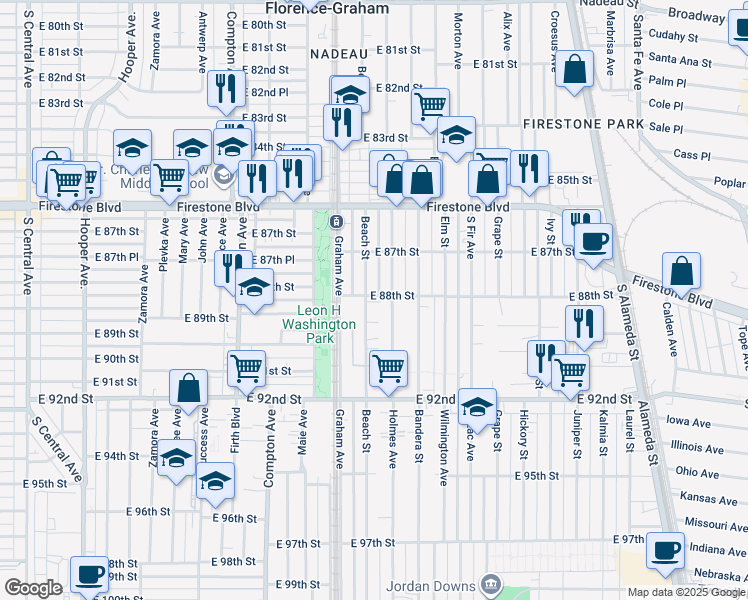 map of restaurants, bars, coffee shops, grocery stores, and more near 8000 East 88th Street in Los Angeles