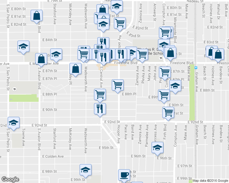 map of restaurants, bars, coffee shops, grocery stores, and more near 8814 Hooper Avenue in Los Angeles