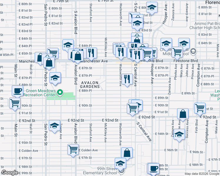 map of restaurants, bars, coffee shops, grocery stores, and more near 818 East 88th Street in Los Angeles