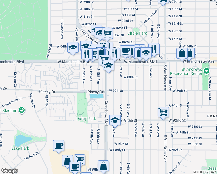 map of restaurants, bars, coffee shops, grocery stores, and more near 8902 Crenshaw Boulevard in Inglewood
