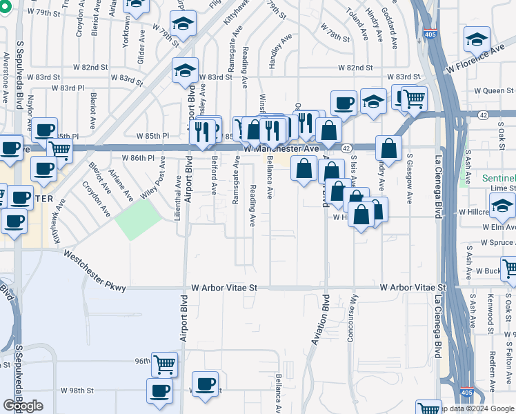 map of restaurants, bars, coffee shops, grocery stores, and more near 8828 Reading Avenue in Los Angeles