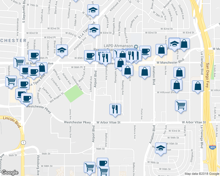 map of restaurants, bars, coffee shops, grocery stores, and more near 8827 Ramsgate Avenue in Los Angeles
