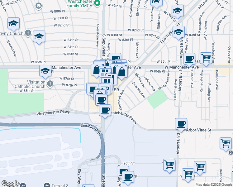 map of restaurants, bars, coffee shops, grocery stores, and more near 8939 South Sepulveda Boulevard in Los Angeles