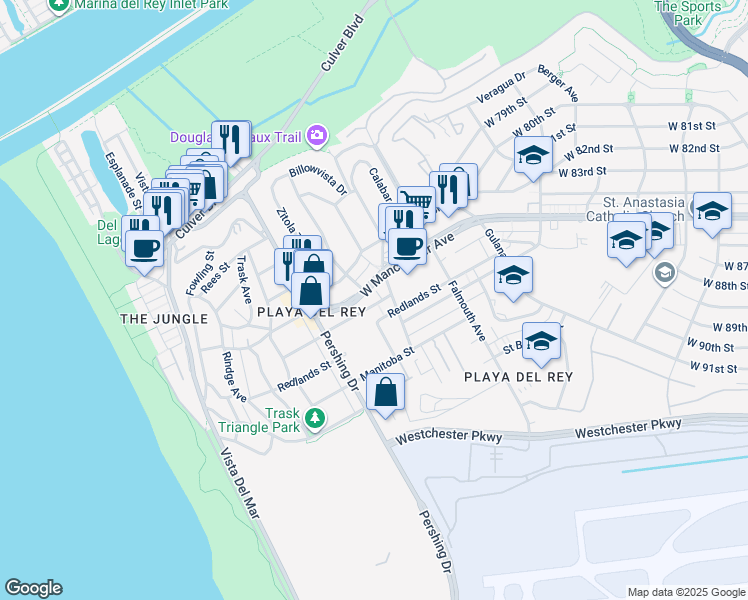 map of restaurants, bars, coffee shops, grocery stores, and more near 8236 West Manchester Avenue in Los Angeles