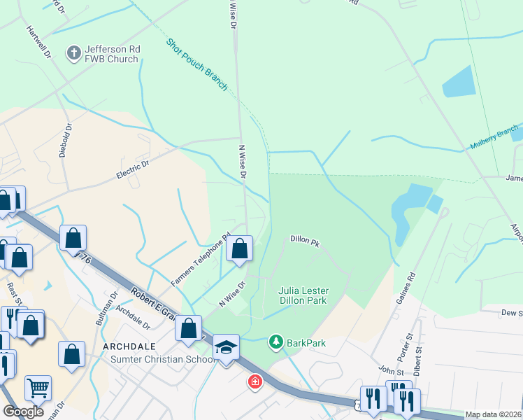 map of restaurants, bars, coffee shops, grocery stores, and more near 31 Dillon Trace Street in Sumter