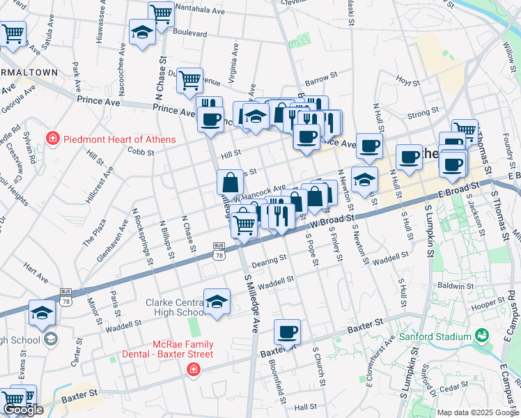 map of restaurants, bars, coffee shops, grocery stores, and more near 237 North Church Street in Athens