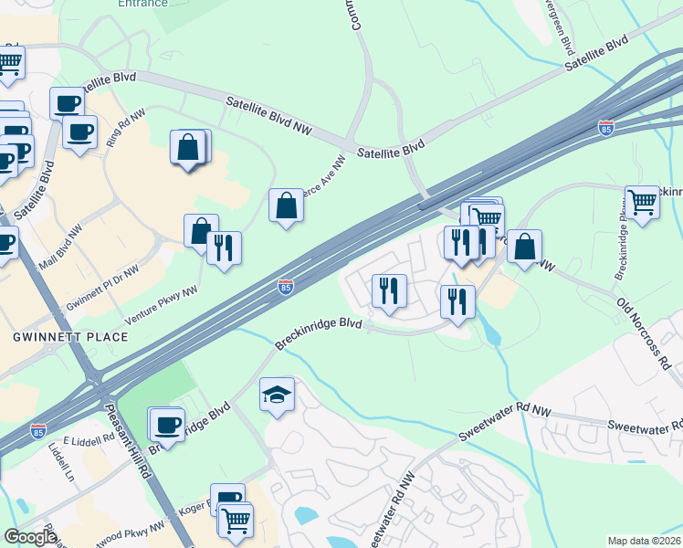 map of restaurants, bars, coffee shops, grocery stores, and more near 2122 Executive Drive North in Duluth