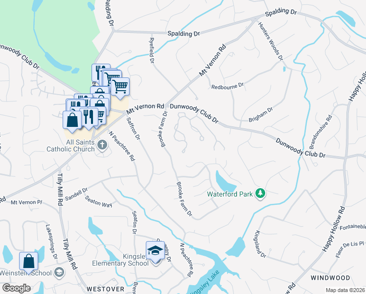 map of restaurants, bars, coffee shops, grocery stores, and more near 5601 Brooke Ridge Drive in Dunwoody