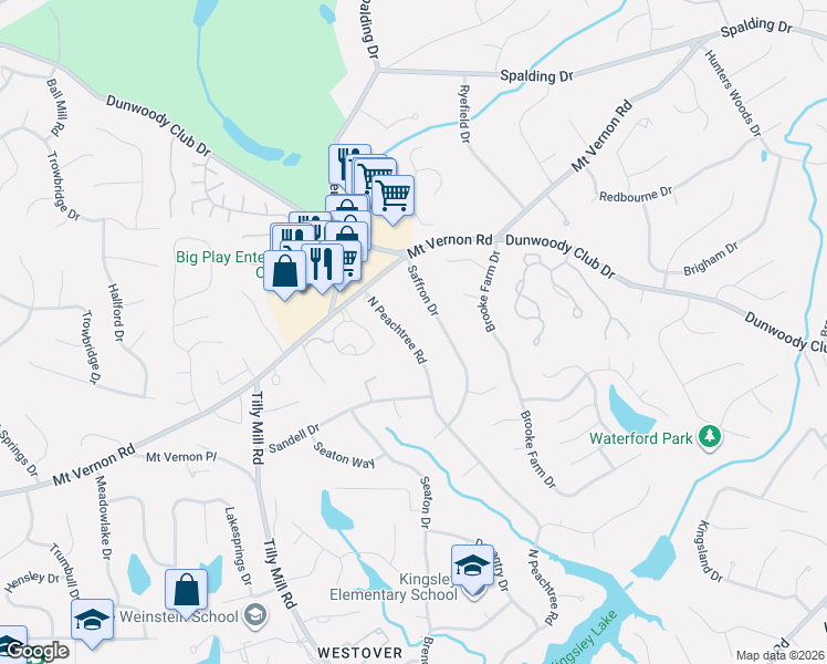 map of restaurants, bars, coffee shops, grocery stores, and more near 5521 North Peachtree Road in Dunwoody