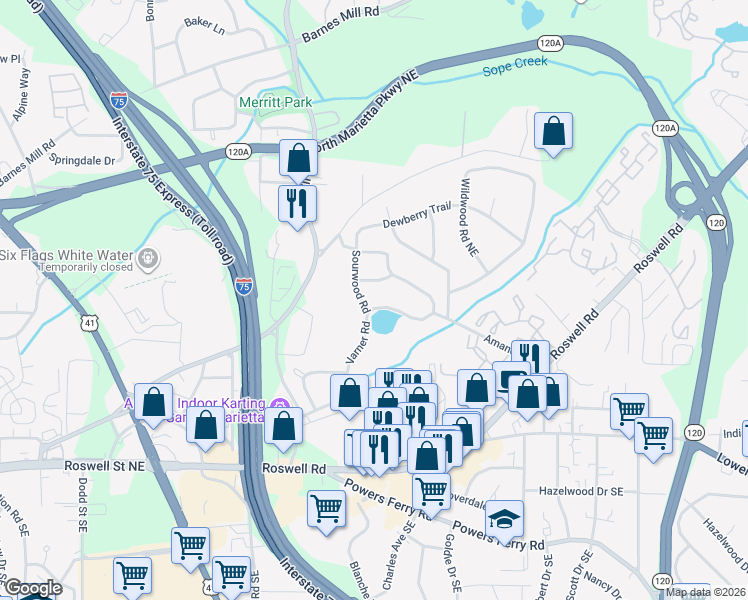 map of restaurants, bars, coffee shops, grocery stores, and more near 1393 Varner Road in Marietta