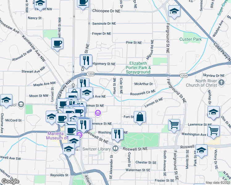 map of restaurants, bars, coffee shops, grocery stores, and more near 224 Hunt Street Northeast in Marietta