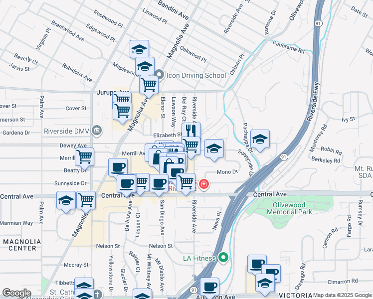 map of restaurants, bars, coffee shops, grocery stores, and more near 3525 Merrill Avenue in Riverside