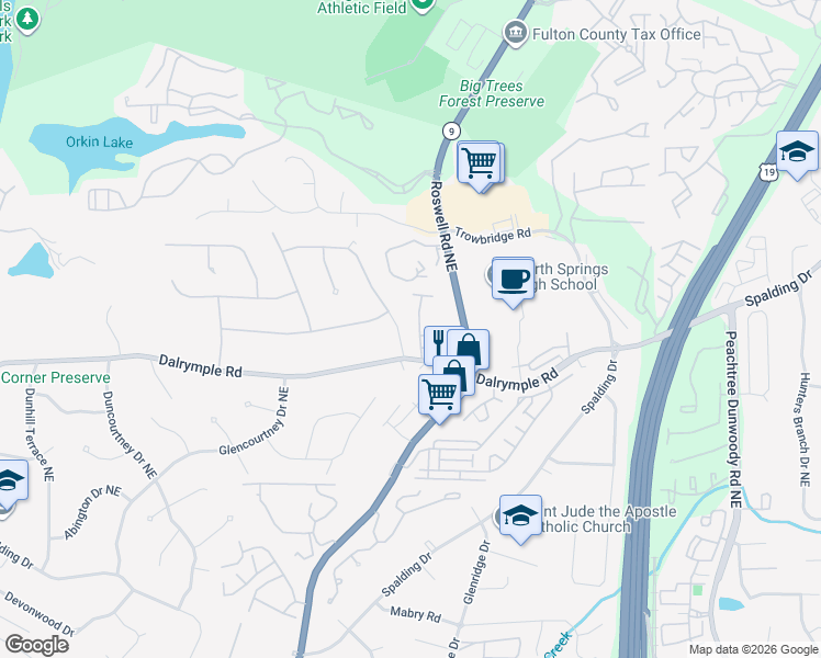 map of restaurants, bars, coffee shops, grocery stores, and more near 602 Brighton Point in Sandy Springs