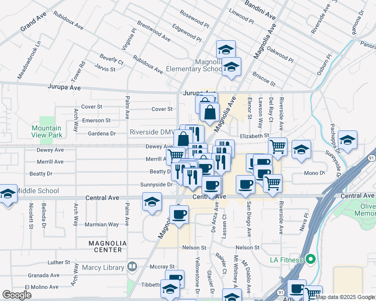 map of restaurants, bars, coffee shops, grocery stores, and more near 3987 Merrill Avenue in Riverside