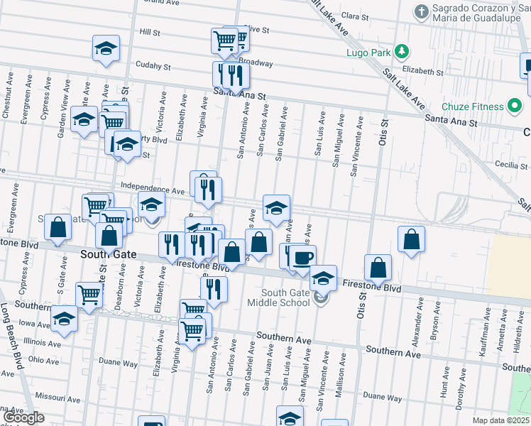 map of restaurants, bars, coffee shops, grocery stores, and more near 3720 Ardmore Avenue in South Gate