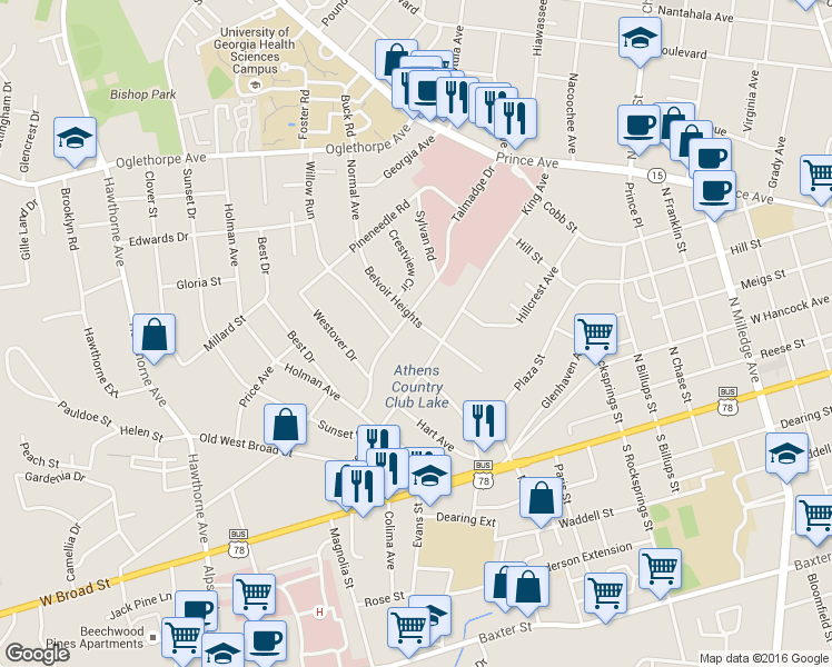 map of restaurants, bars, coffee shops, grocery stores, and more near 475 Belvoir Heights in Athens