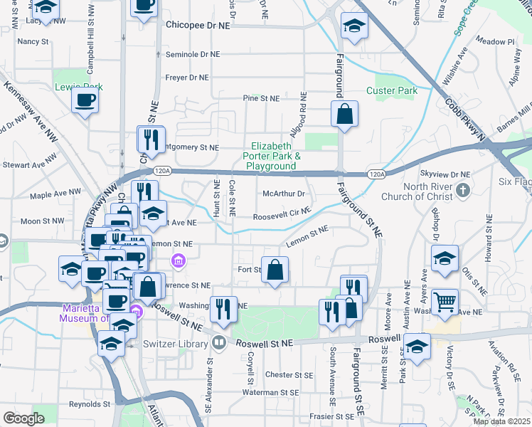 map of restaurants, bars, coffee shops, grocery stores, and more near 365 Roosevelt Circle Northeast in Marietta