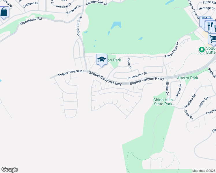 map of restaurants, bars, coffee shops, grocery stores, and more near 4240 Golden Glen Drive in Chino Hills