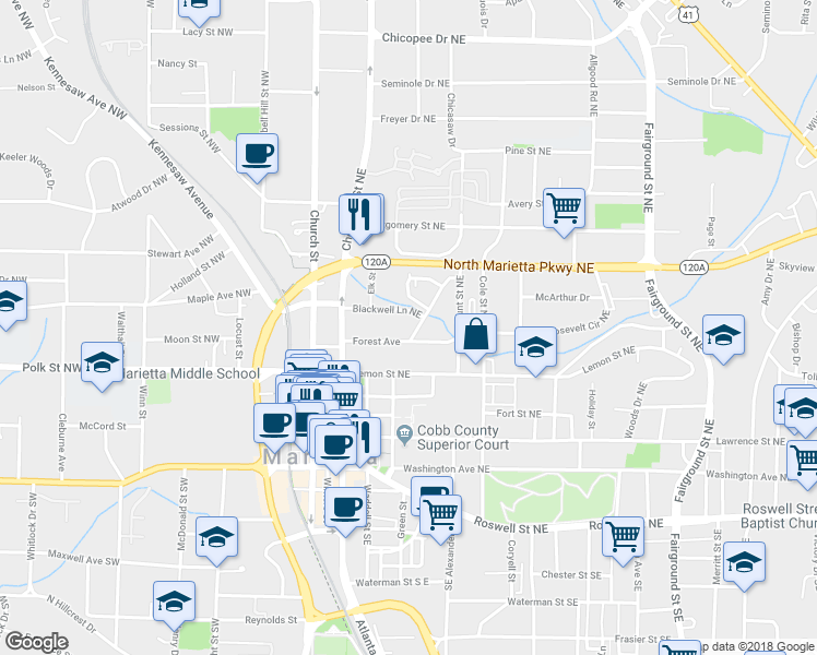 map of restaurants, bars, coffee shops, grocery stores, and more near 209 North Forest Avenue Northeast in Marietta