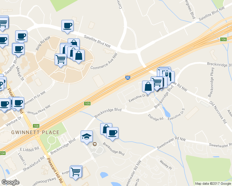 map of restaurants, bars, coffee shops, grocery stores, and more near 2122 Executive Drive North in Duluth