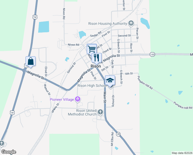 map of restaurants, bars, coffee shops, grocery stores, and more near 530 Pine Street in Rison