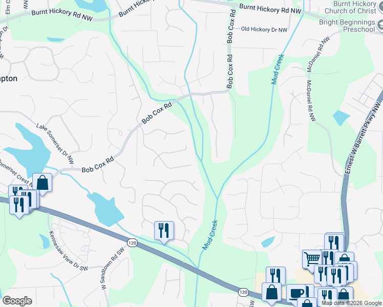 map of restaurants, bars, coffee shops, grocery stores, and more near 3017 Tallowood Drive in Marietta