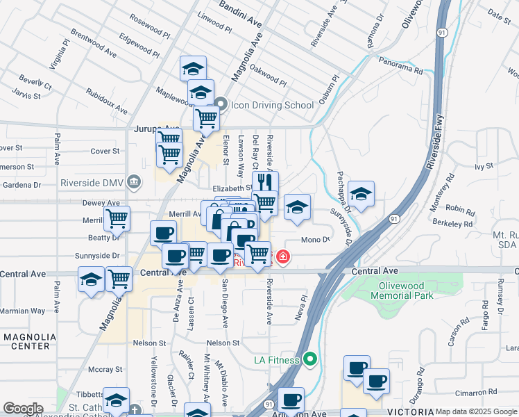 map of restaurants, bars, coffee shops, grocery stores, and more near 3525 Merrill Avenue in Riverside