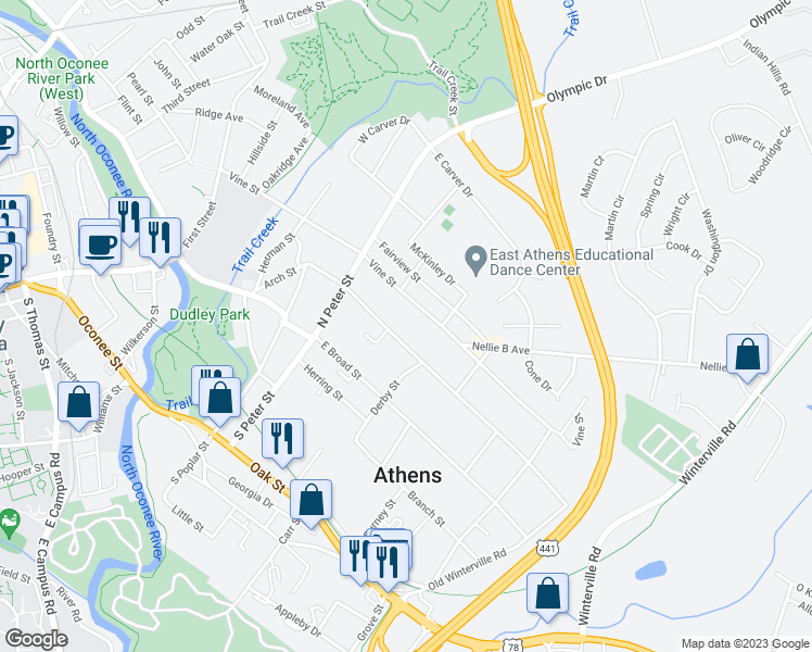 map of restaurants, bars, coffee shops, grocery stores, and more near 279 Arch Street in Athens