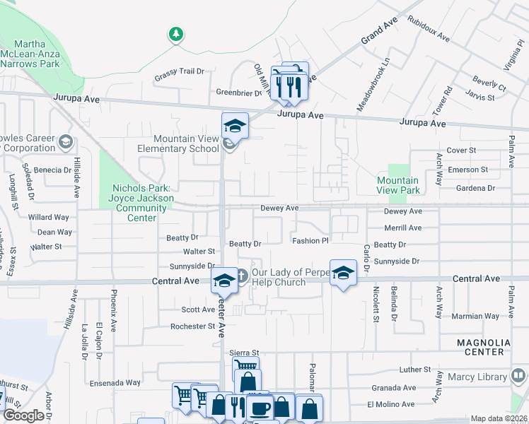 map of restaurants, bars, coffee shops, grocery stores, and more near 5153 Capistrano Way in Riverside