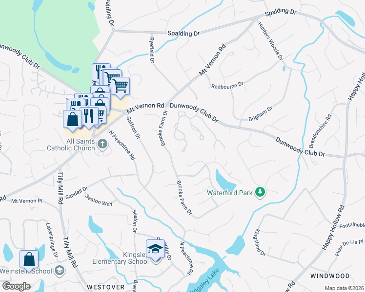 map of restaurants, bars, coffee shops, grocery stores, and more near 5601 Brooke Ridge Drive in Dunwoody