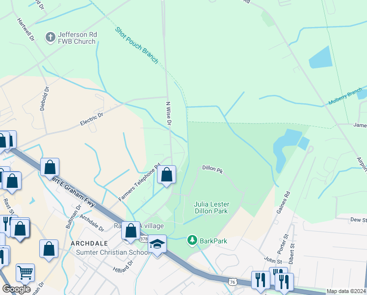 map of restaurants, bars, coffee shops, grocery stores, and more near 31 Dillon Trace Street in Sumter