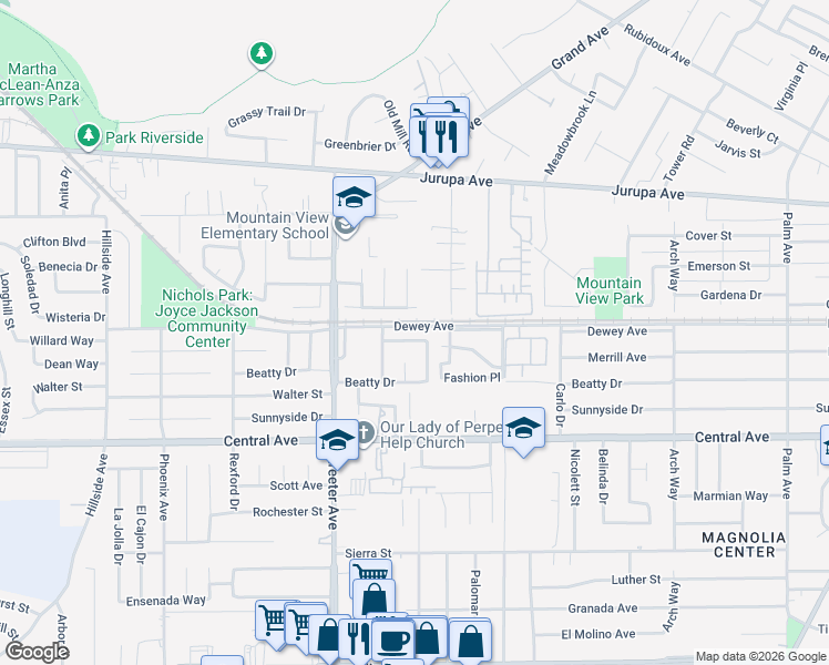 map of restaurants, bars, coffee shops, grocery stores, and more near 5153 Capistrano Way in Riverside