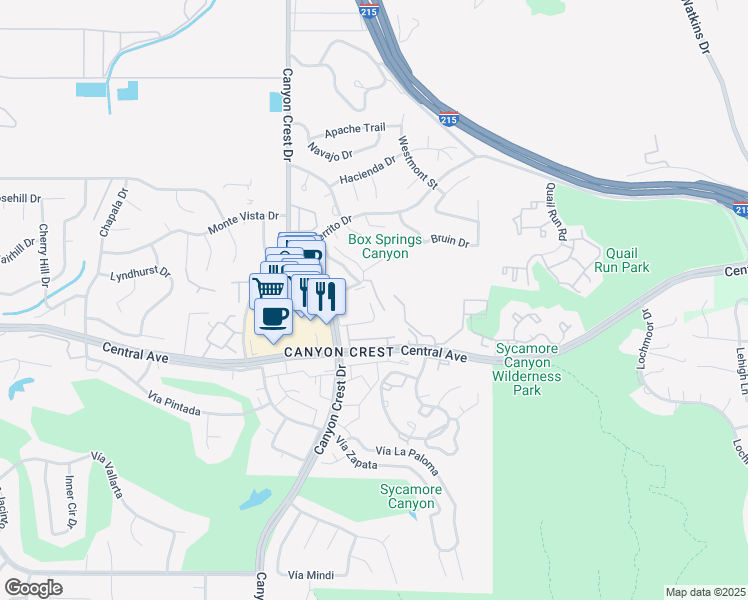 map of restaurants, bars, coffee shops, grocery stores, and more near 564 Vía Pueblo in Riverside