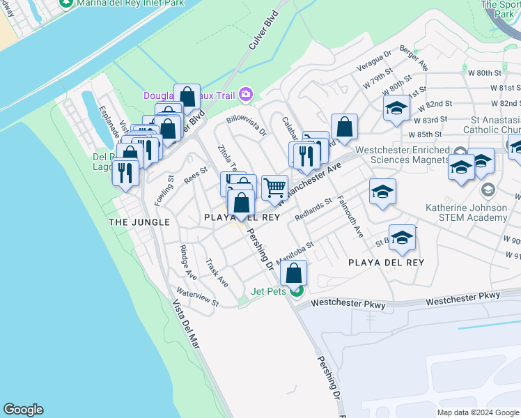map of restaurants, bars, coffee shops, grocery stores, and more near 8335 West Manchester Avenue in Los Angeles