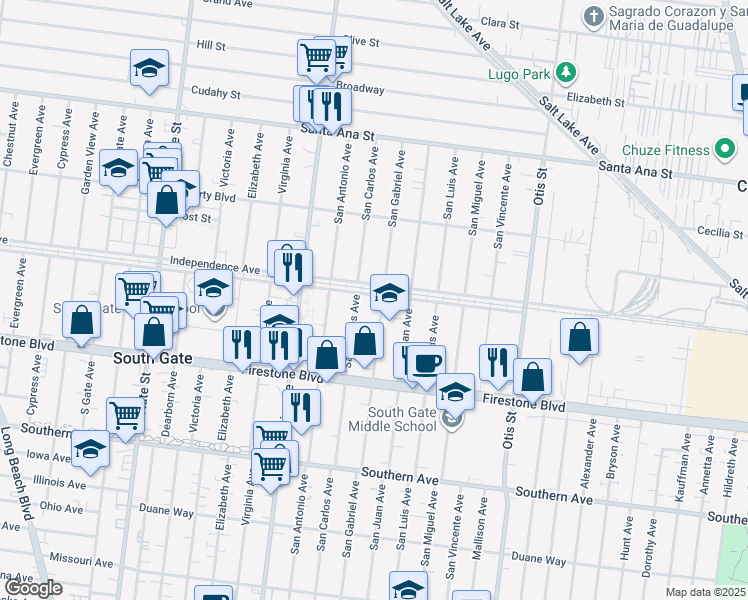 map of restaurants, bars, coffee shops, grocery stores, and more near 3720 Ardmore Avenue in South Gate
