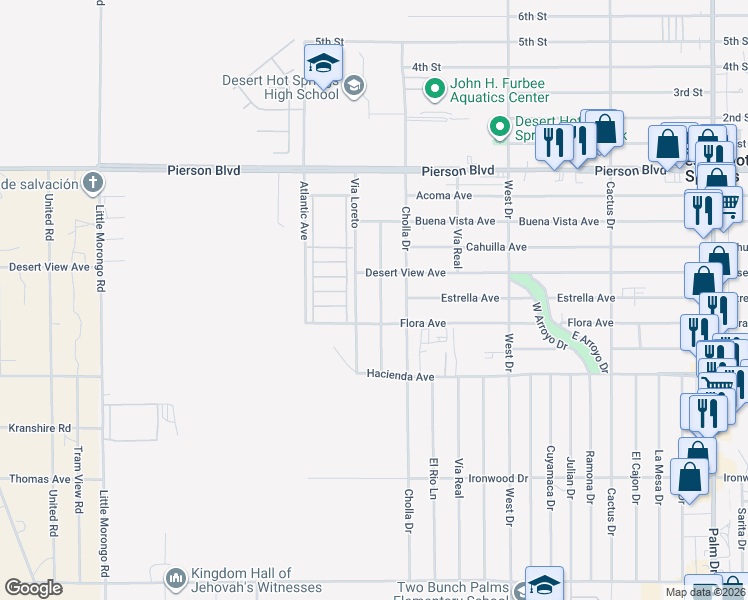 map of restaurants, bars, coffee shops, grocery stores, and more near 12613 Sylvanus Drive in Desert Hot Springs