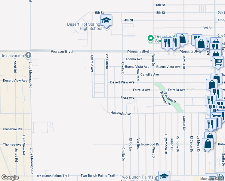 map of restaurants, bars, coffee shops, grocery stores, and more near 12613 Sylvanus Drive in Desert Hot Springs