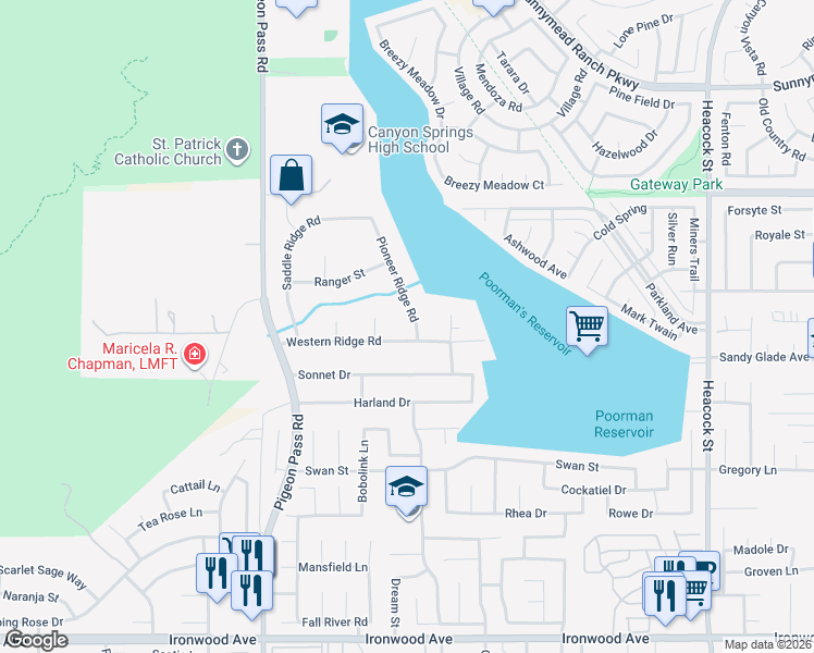 map of restaurants, bars, coffee shops, grocery stores, and more near 11281 Pioneer Ridge Road in Moreno Valley
