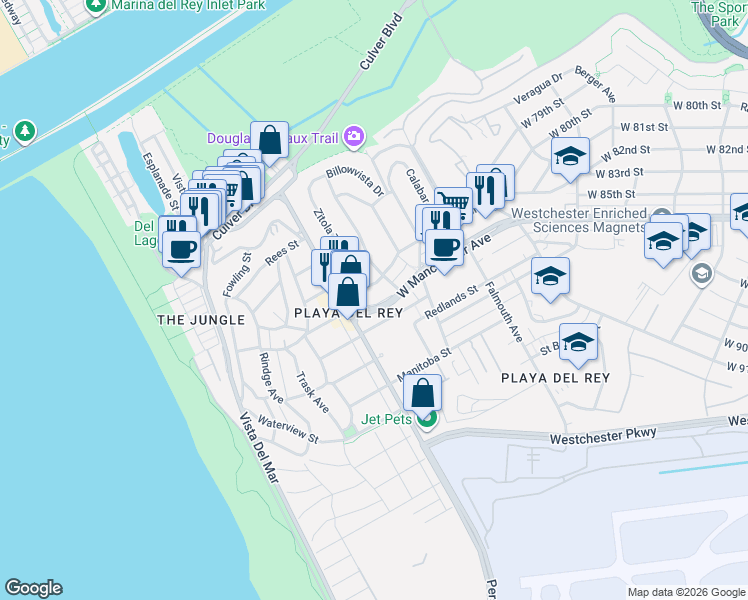 map of restaurants, bars, coffee shops, grocery stores, and more near 8335 West Manchester Avenue in Los Angeles