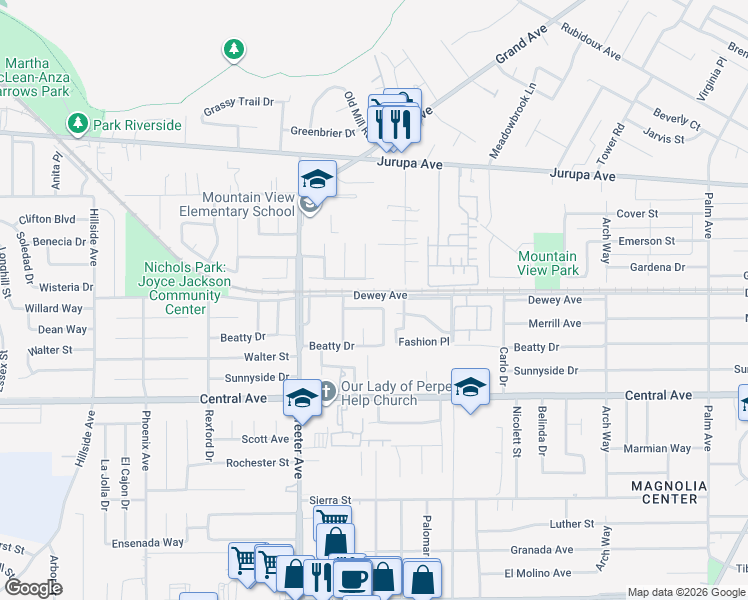map of restaurants, bars, coffee shops, grocery stores, and more near 5153 Capistrano Way in Riverside