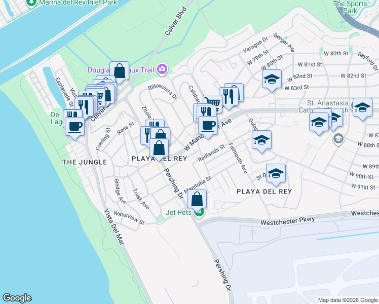 map of restaurants, bars, coffee shops, grocery stores, and more near 8238 West Manchester Avenue in Los Angeles