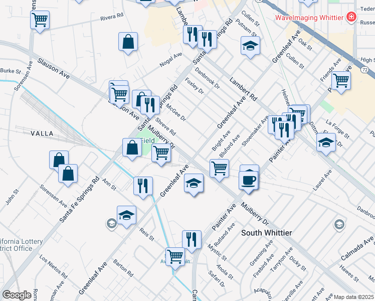 map of restaurants, bars, coffee shops, grocery stores, and more near 12912 Shreve Rd in Whittier