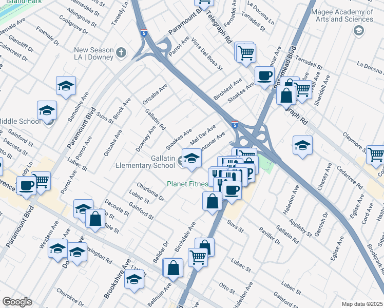 map of restaurants, bars, coffee shops, grocery stores, and more near 9247 Manzanar Avenue in Downey
