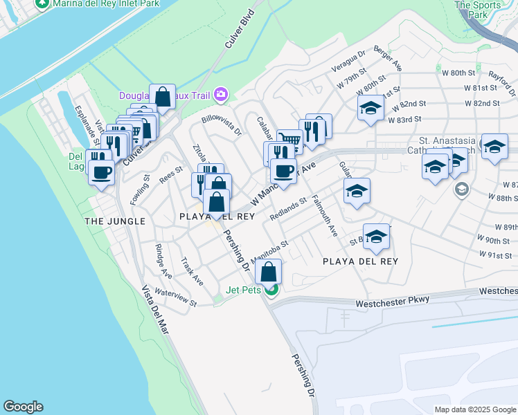 map of restaurants, bars, coffee shops, grocery stores, and more near 8236 West Manchester Avenue in Los Angeles