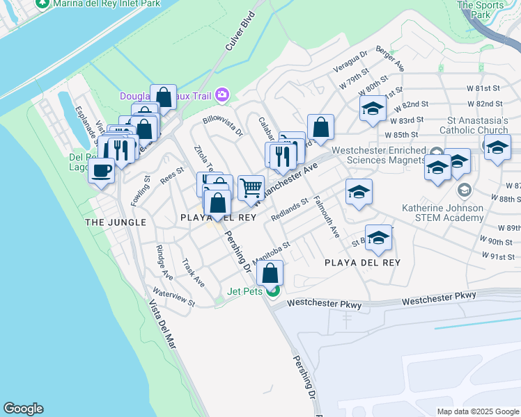 map of restaurants, bars, coffee shops, grocery stores, and more near 8238 West Manchester Avenue in Los Angeles