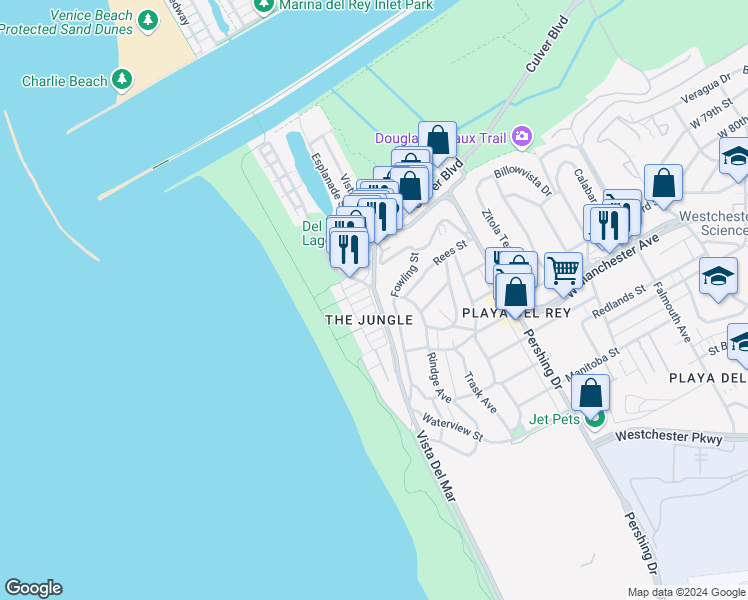 map of restaurants, bars, coffee shops, grocery stores, and more near 6929 Vista Del Mar in Los Angeles