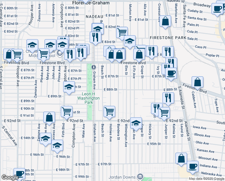 map of restaurants, bars, coffee shops, grocery stores, and more near 8800 Holmes Avenue in Los Angeles