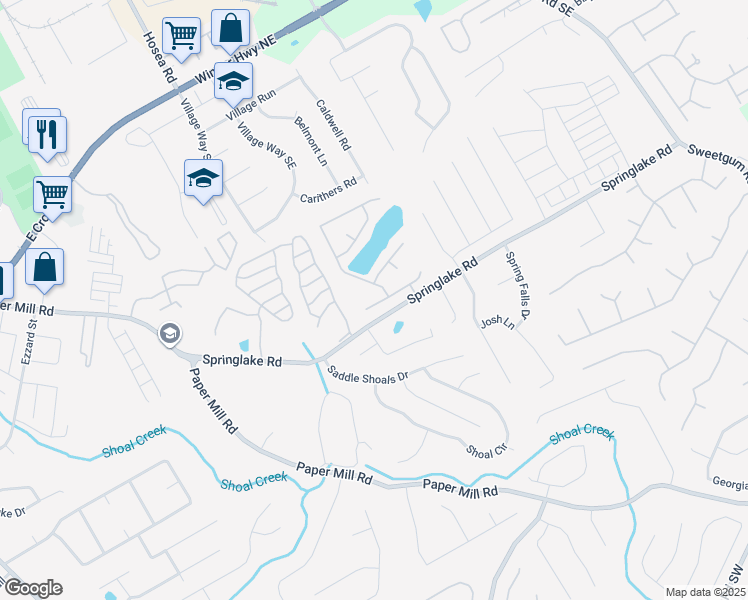 map of restaurants, bars, coffee shops, grocery stores, and more near 402 Marsh Lake Road Southeast in Lawrenceville