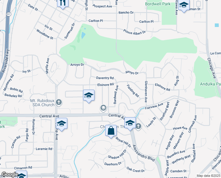 map of restaurants, bars, coffee shops, grocery stores, and more near 5230 Falkirk Avenue in Riverside