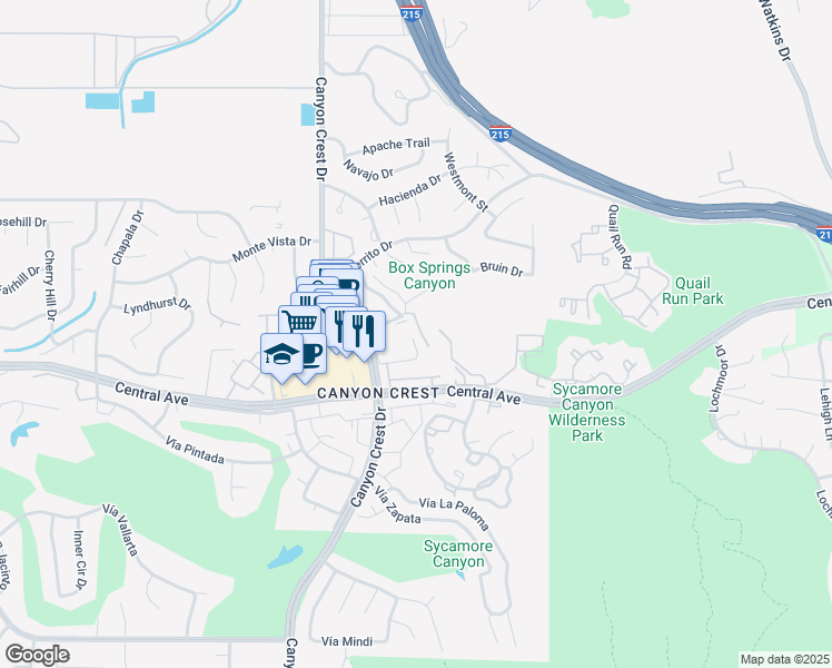 map of restaurants, bars, coffee shops, grocery stores, and more near 564 Vía Pueblo in Riverside